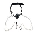 Breathable ball gag with adjustable nipple
clamps.
