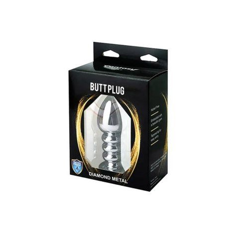 Silver large ribbed butt plug with pink crystal