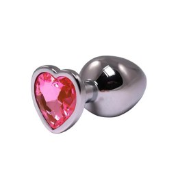 Silver medium heart-shaped butt plug with pink crystal