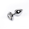 Silver medium heart-shaped butt plug with white crystal