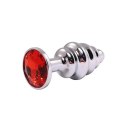 Silver small ribbed butt plug with red crystal