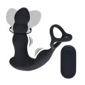 Dual Vibrating Remote Rotating Head Silicone Prostate Stimulator with Cock and Ball Ring - Black